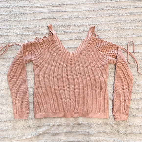 LA Hearts Taupe Boat Neck Laced Sleeve Sweater - Picture 6 of 8